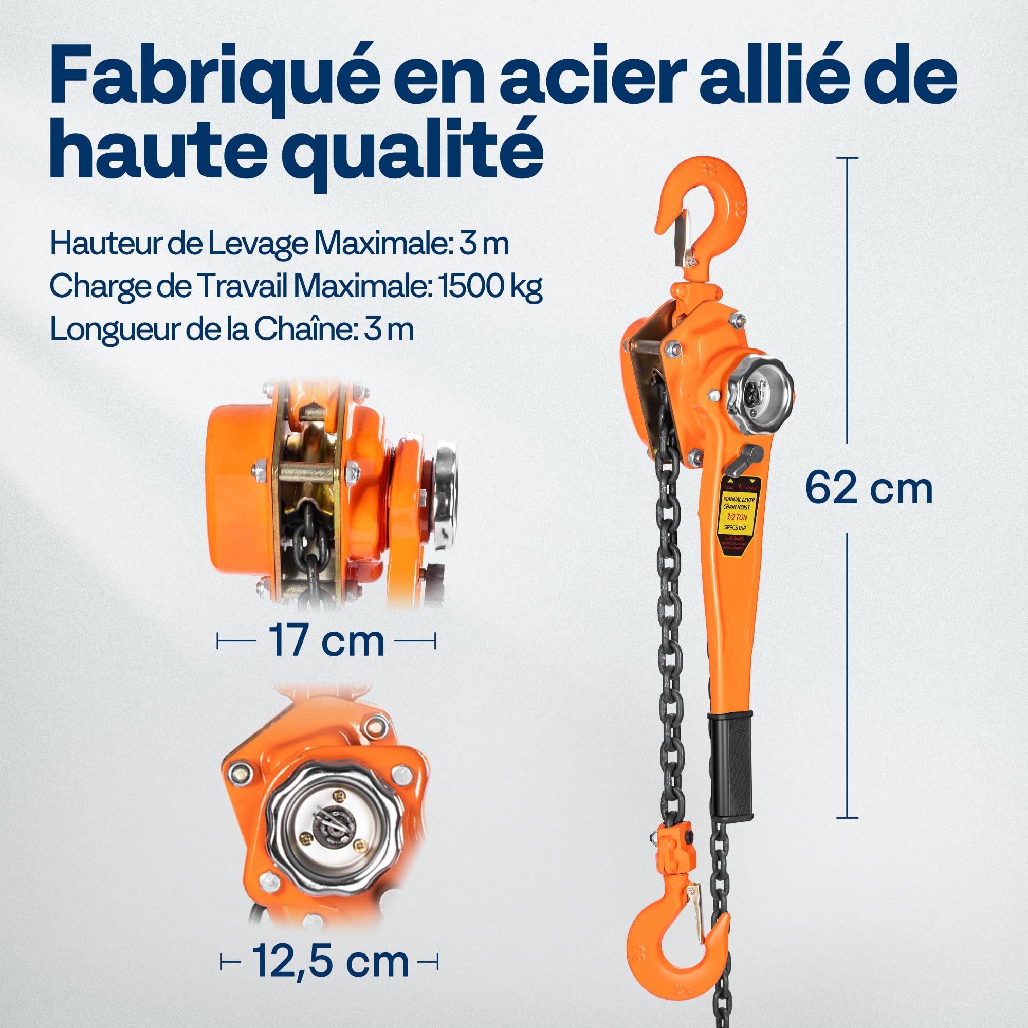 SPECSTAR Palan à Levier Manuel 1500kg Palan à Chaîne à Cliquet G80 Frein Double Cliquet Guidage de Chaîne Crochet Orientable à 360° pour Marchandises Garage Quai Usine