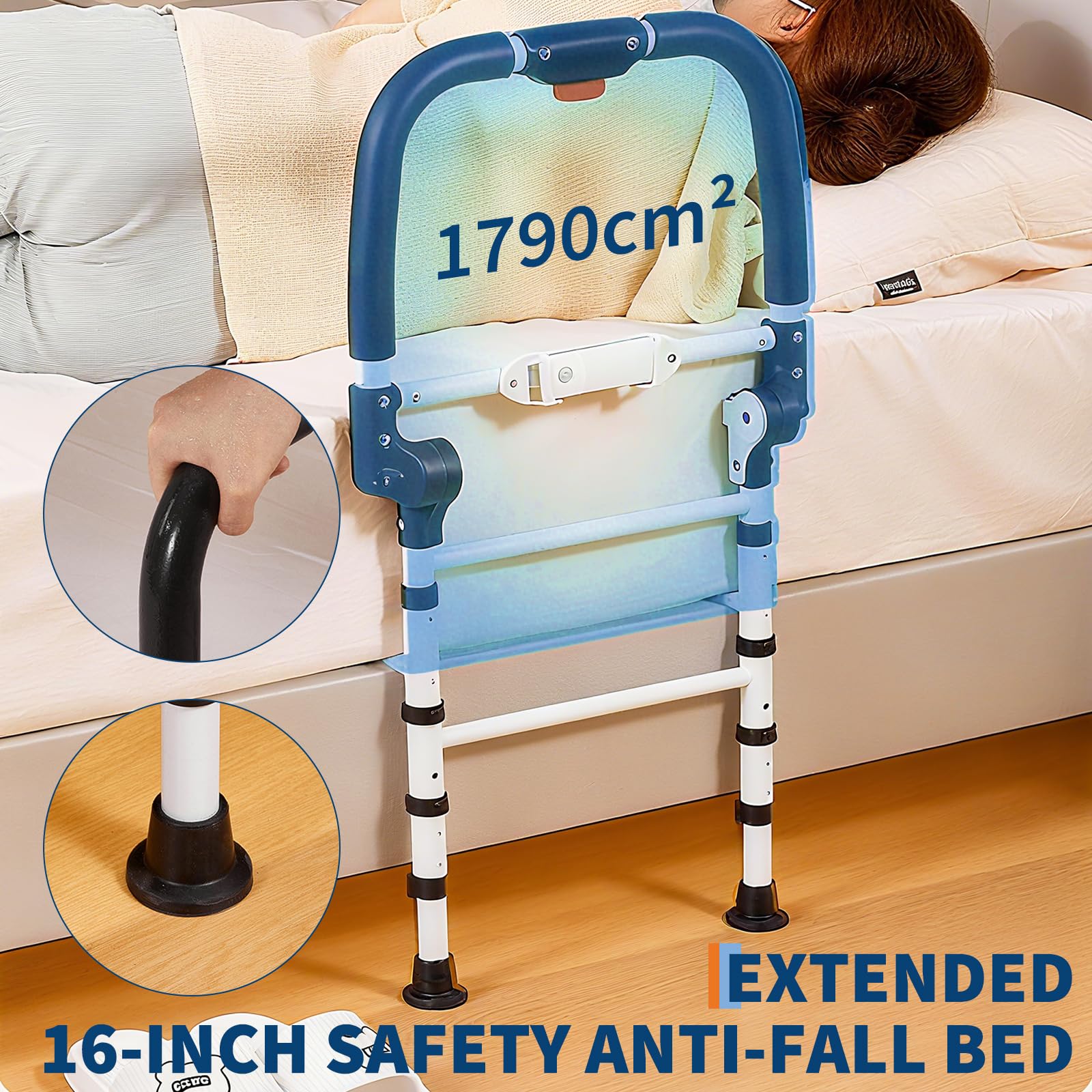 Garvee Barandilla de cama para adultos mayores - Altura ajustable, plegable con patas y apoyo lateral - Estructura de acero resistente, soporta 150 kg - Luz de movimiento con 3 modos, mecanismo de