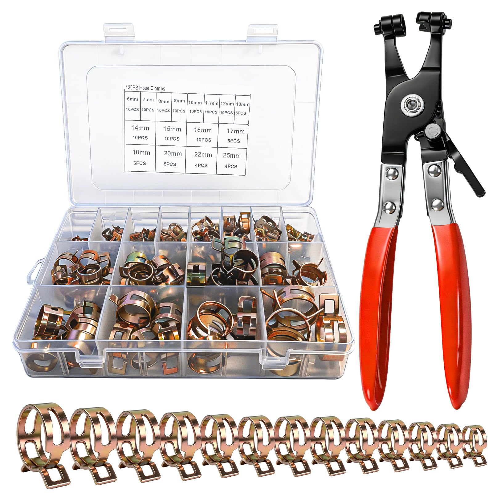 Set Da 130 Fascette Stringitubo a Molla da 6–25mm, 16 Misure Con Pinza Per Fascette, Fascette Per Tubo Carburante In Acciaio Inox, Tipo A Molla Per Auto, Giardino, Casa E Officina