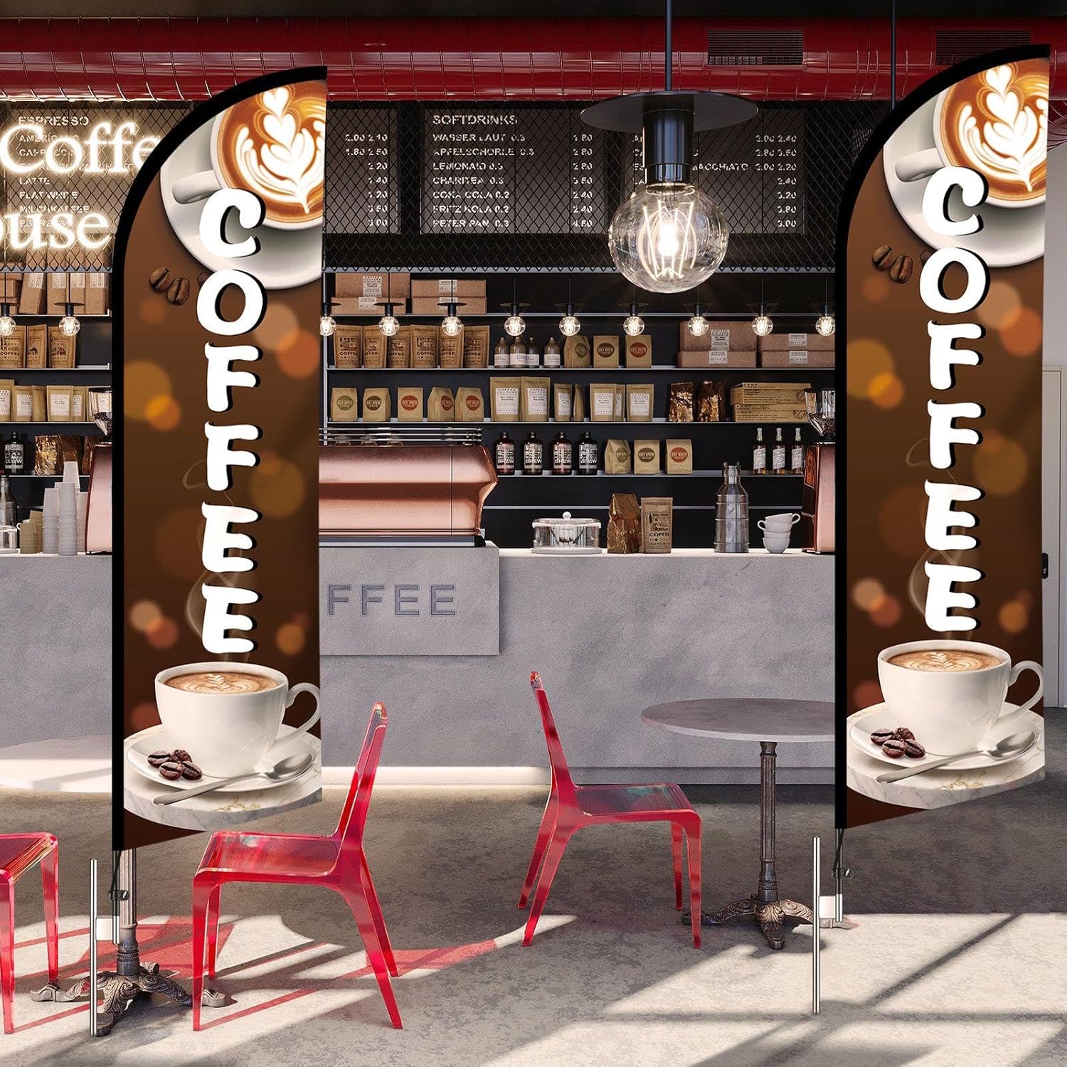 Remagr 2 Pcs 11 ft Coffee Feather Flag Coffee Advertising Swooper Banner with Pole and Ground Stake Windless Shop Sign Tall for Outdoor Business Advertising