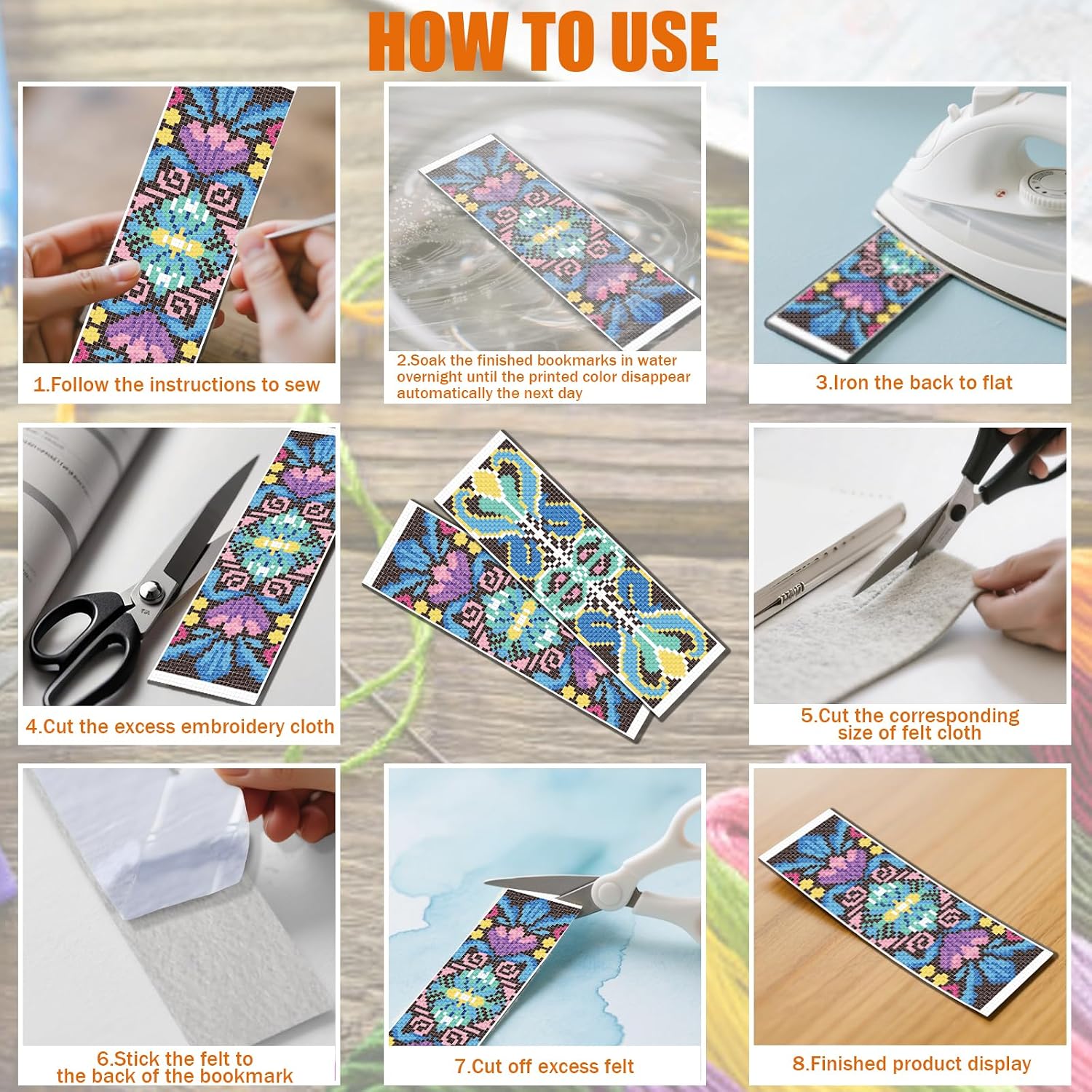 FREEBLOSS 6 Set Cross Stitch Bookmark Kit 11 CT Complete Stamped Cross Stitch Kit DIY Embroidery Bookmark Kits for Adult Beginners with Instructions, Retro Floral Pattern, 6 x 20 cm/8" x 2.4"