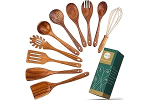Teak Wood Utensil Sets Wooden - Non-Stick 10 Pack Cooking Utensil