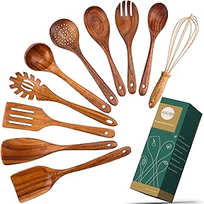 10 Pack Wooden Utensils for Cooking, Wood Utensil Set for Kitchen, Teak Wooden Spoon for Cooking, Non-Stick Spatula Ladle