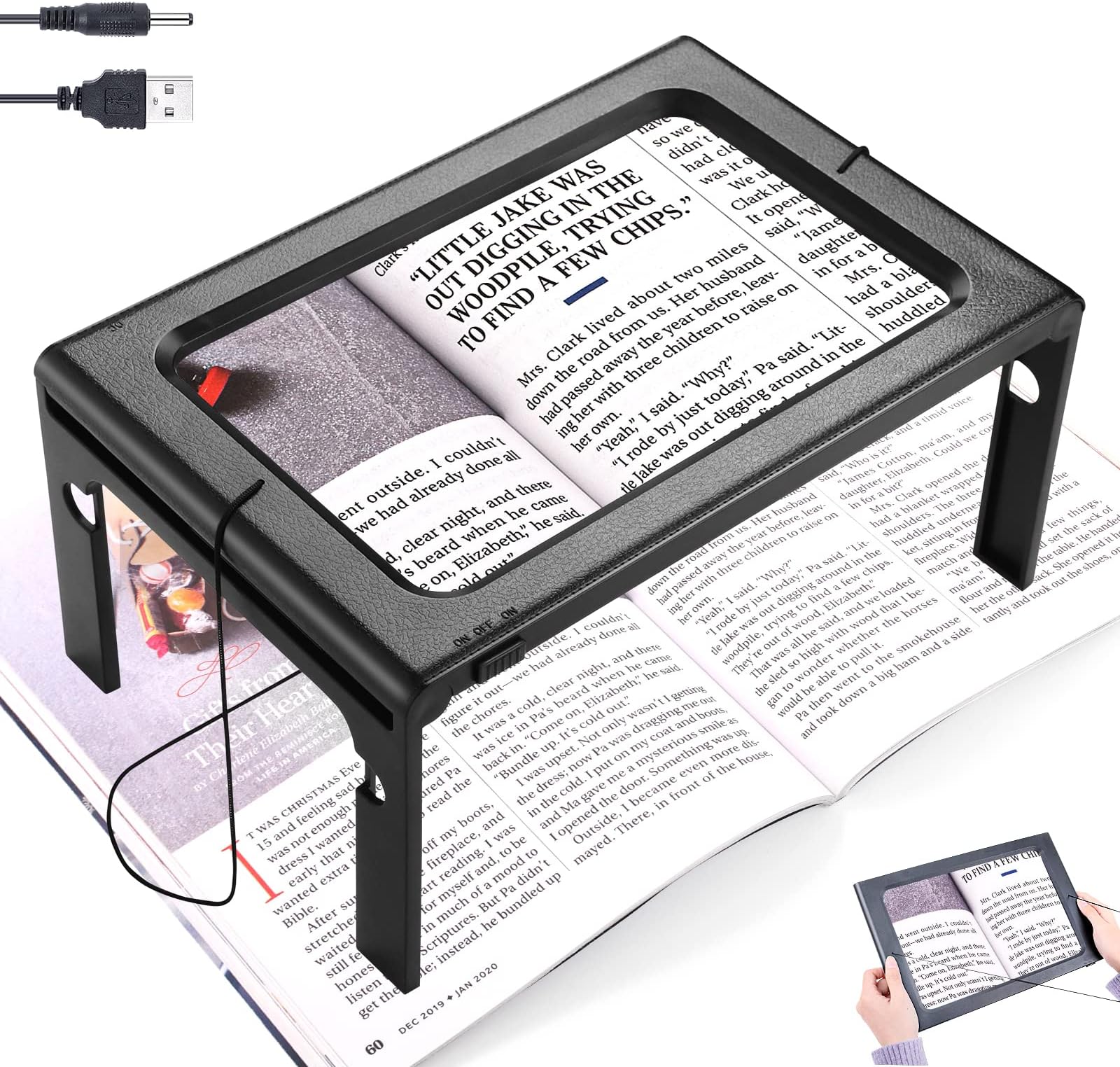 3X Full Page Magnifying Glass Reading Magnifier with 6 LED Lights Handheld Hands-Free Magnifier with Stand & Lanyard PVC Material Ideal for Low Vision, Seniors, Reading Books, Newspapers