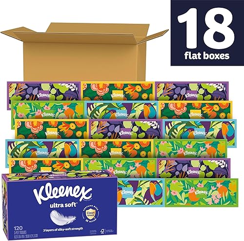 Miniatura 2 de Kleenex Pañuelos faciales ultra suaves, 18 cajas planas, 120 pañuelos por caja, 3 capas (2,160 pañuelos en total)