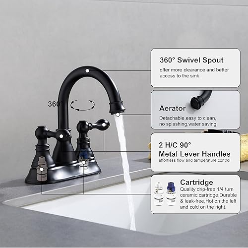 Miniatura 4 de Grifo de lavabo de baño de dos asas, color negro mate de 3 agujeros con drenaje desplegable de desbordamiento, boquilla giratoria 360, grifo de