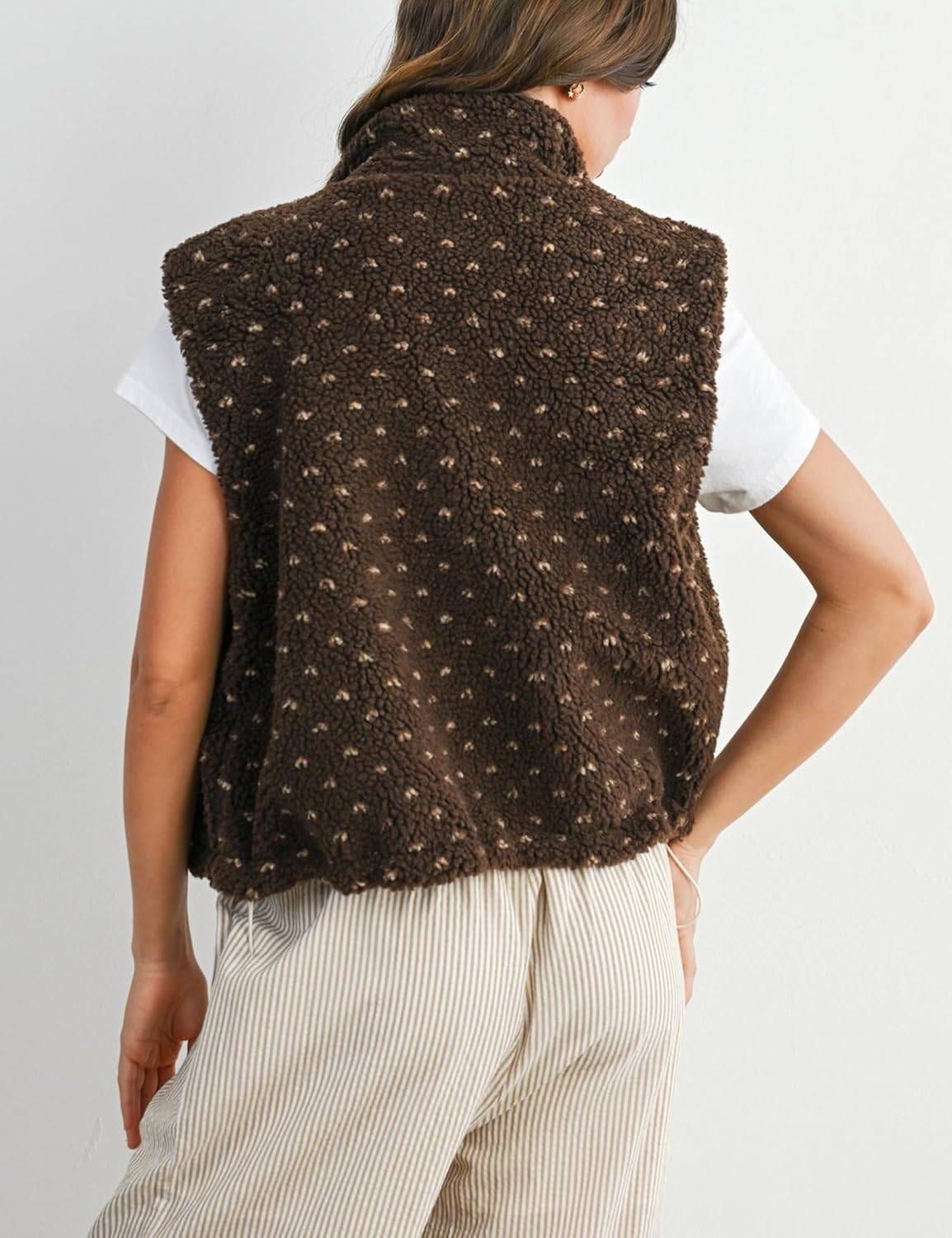 Fuzzy Fleece Vest Women Casual Sleeveless Polka Dots Sherpa Jacket Trendy Gilet Winter Outerwear with Pockets - Image 6