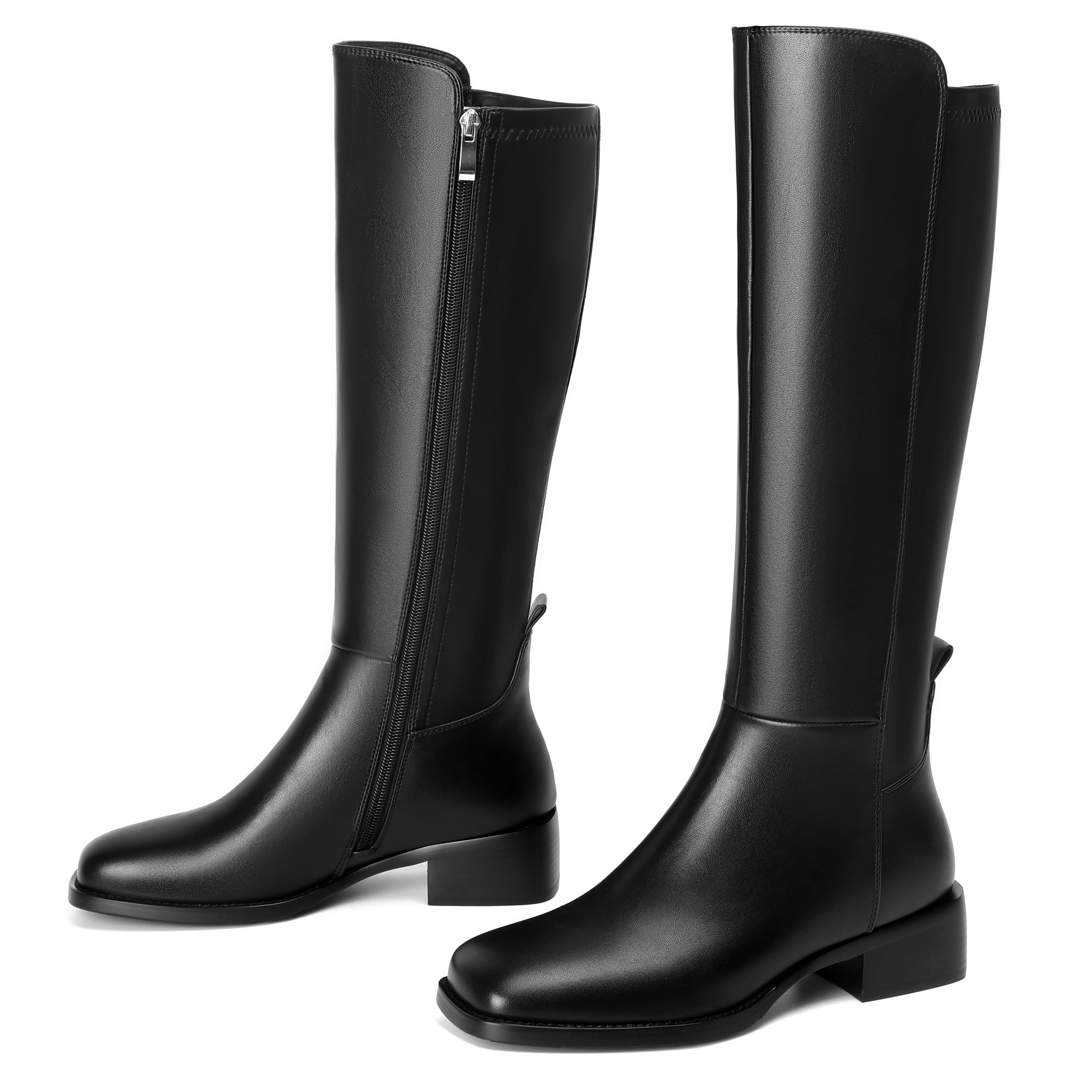 vivianly Womens Knee-High Boots Faux Leather Elastic Boots Low Heel Square Toe Side Zipper Tall Boots