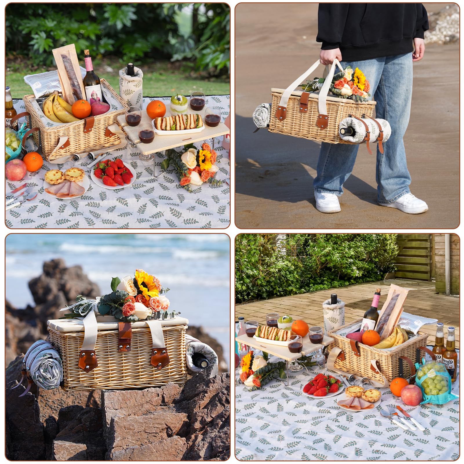 BIRDSINYARD Rieten picknickmand met deksel, rieten mand met handvat en