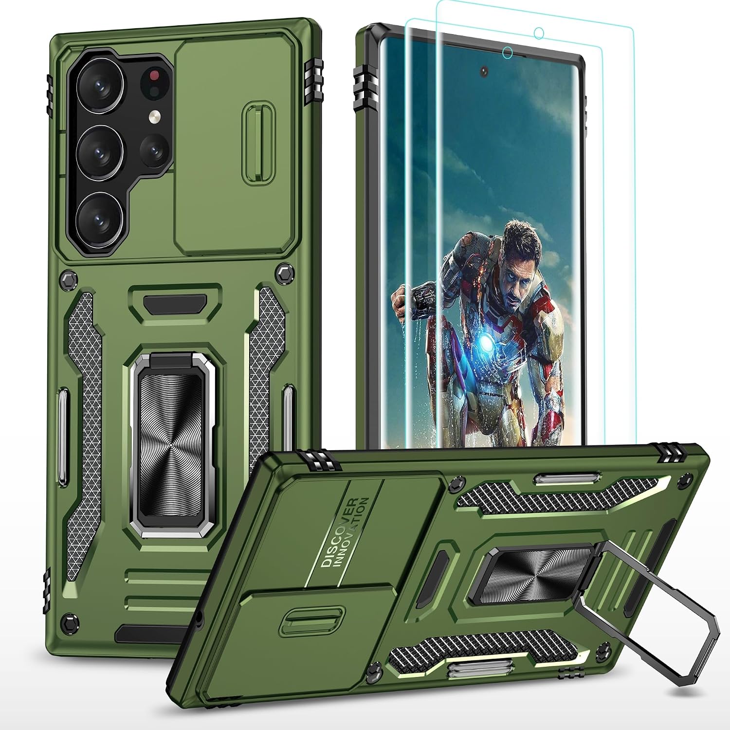 YmhxcY Case for Samsung Galaxy S23 Ultra 2 Screen Protectors Slide Camera Cover Military Grade Protective Case 360  Rotating Metal Stand for Samsung Galaxy S23 Ultra - Olive Green