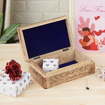 Ajuny Wooden Jewelry Boxes Decorative Antique Boxes with Tree of Life Carving for Coffee Table Decor Birthday Gift for Women Small Jewelry Organizer Wooden Handmade Love Gift - 8X5 Inch