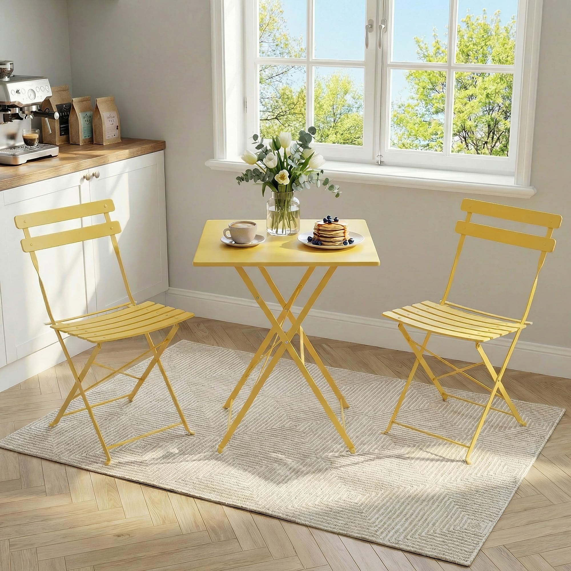 Garvee Table de Bistrot Exterieur Table Carrée et 2 Chaises Pliantes | Ensemble Bistrot de Jardin 3 Pièces en Métal sans Montage avec Double Protection Antirouille pour Balcon Terrasse et Jardin