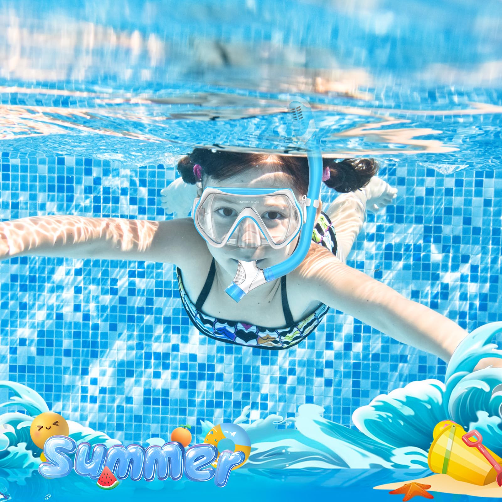 Attrezzatura da snorkeling per bambini, set da snorkeling per bambini dai 3 ai 14 anni, maschera subacquea anti-appannamento e boccaglio Dry Top, blu e rosa