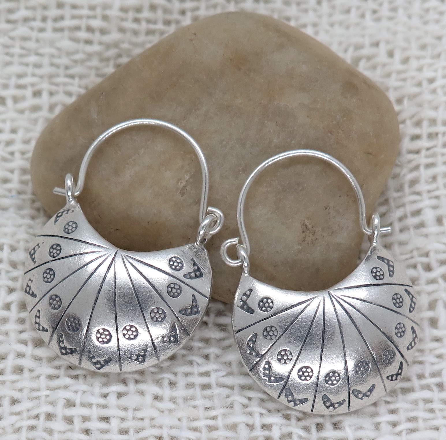 HandmadeSterling Silver Handmade Crescent Boho Hoop Earrings, Half Moon Shape Ethnic Hippie Gypsy Bohemian Style