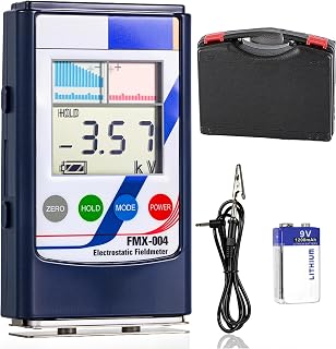 FMX-004 Static Meter, Non-Contact Electrostatic Field Meter, Portable ESD Tester with Ground Lead, Rechargeable Battery, Digital + Bar-Graph Display, Charge Plate, Range 0-30kV