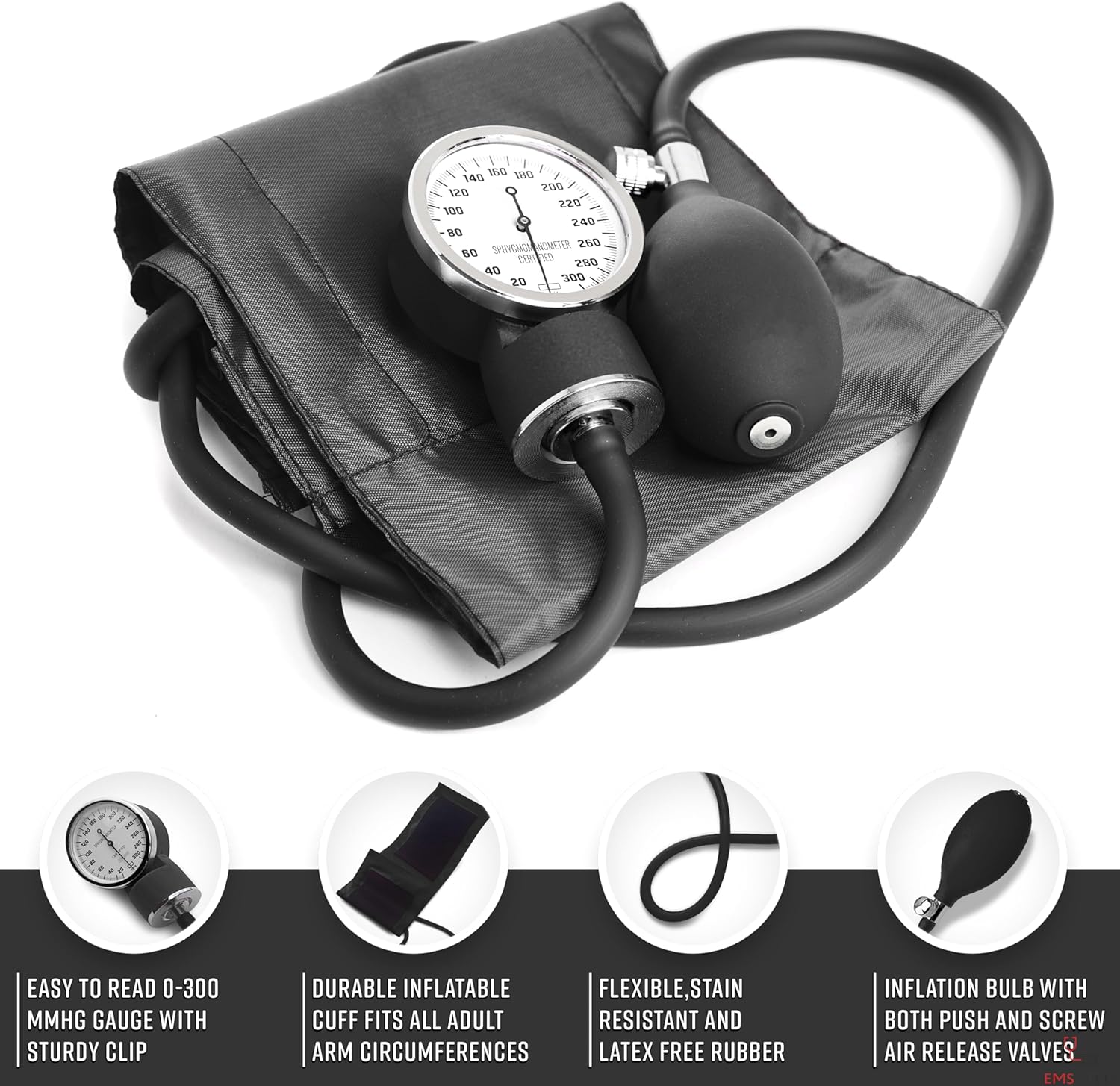 EMS XTRM Sphygmomanometer Manual Blood Pressure Cuff - Durable Manual Sphygmomanometer, Professional BP Cuff for Healthcare, Multiple Colors, Precise Readings (Black)