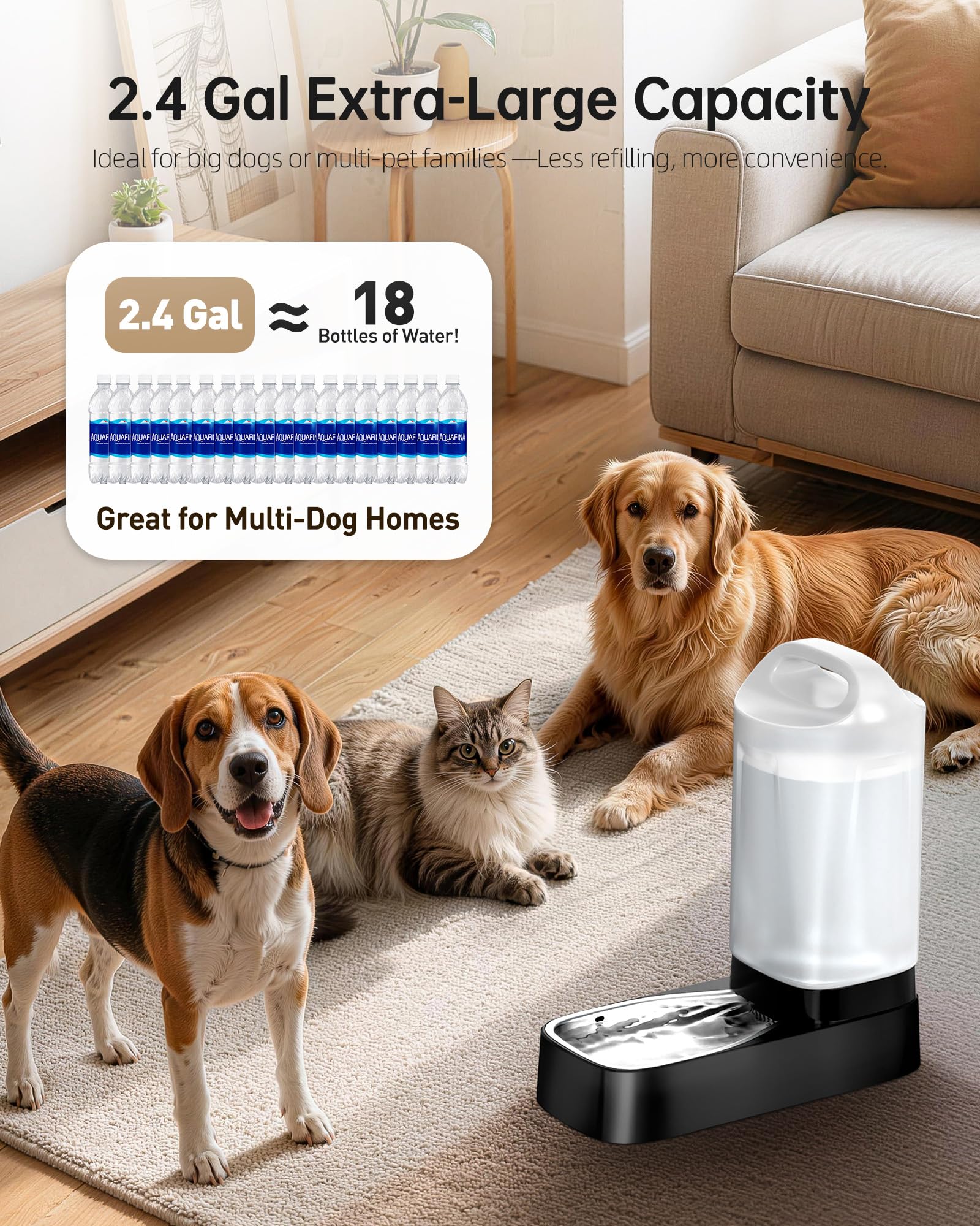 Distributore automatico di acqua per cani con filtro, 7,6 litri, grande gravità, alimentatore automatico per animali domestici, con ciotola in acciaio inox e maniglia per il trasporto facile per cani