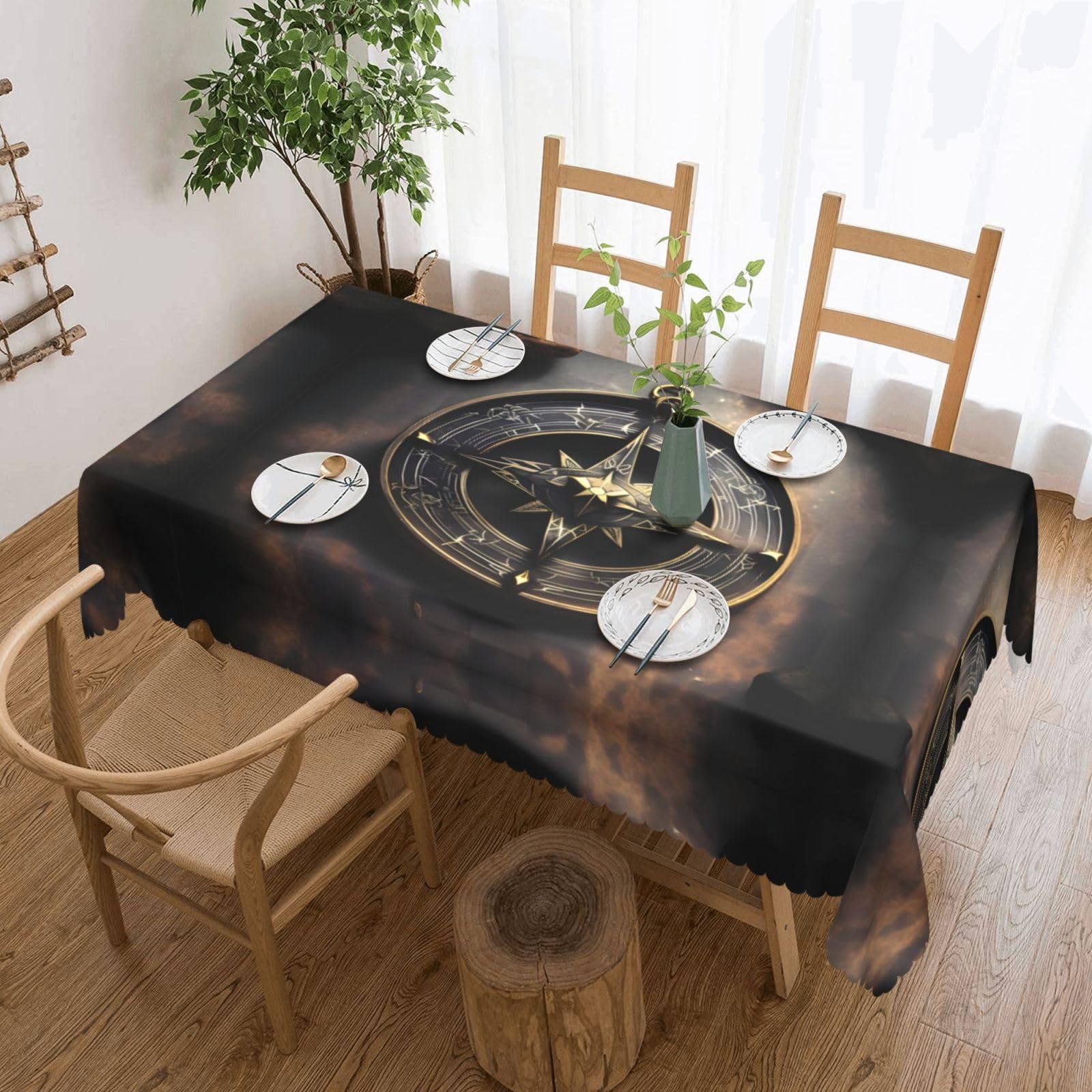 HLSBSSL Magical Design Norse Runes Compass Patterned square lace tablecloth, wrinkle-resistant and durable, suitable for dining tables, parties, etc.