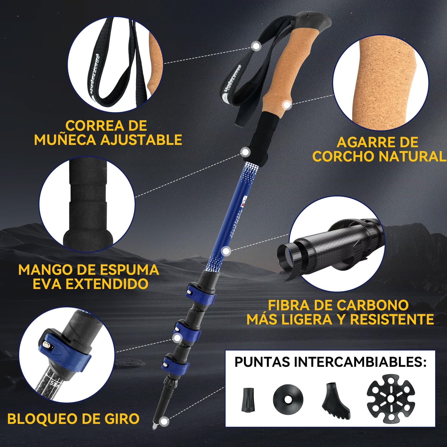 Bastones de Marcha Telescópicos Carbono 2 Stück, Ligeros 217g Mangos Corcho | Nórdicos, Amortiguación, Correas Ajustables, 4 Accesorios, para Mujer Hombre Senderismo Trail Running Viaje