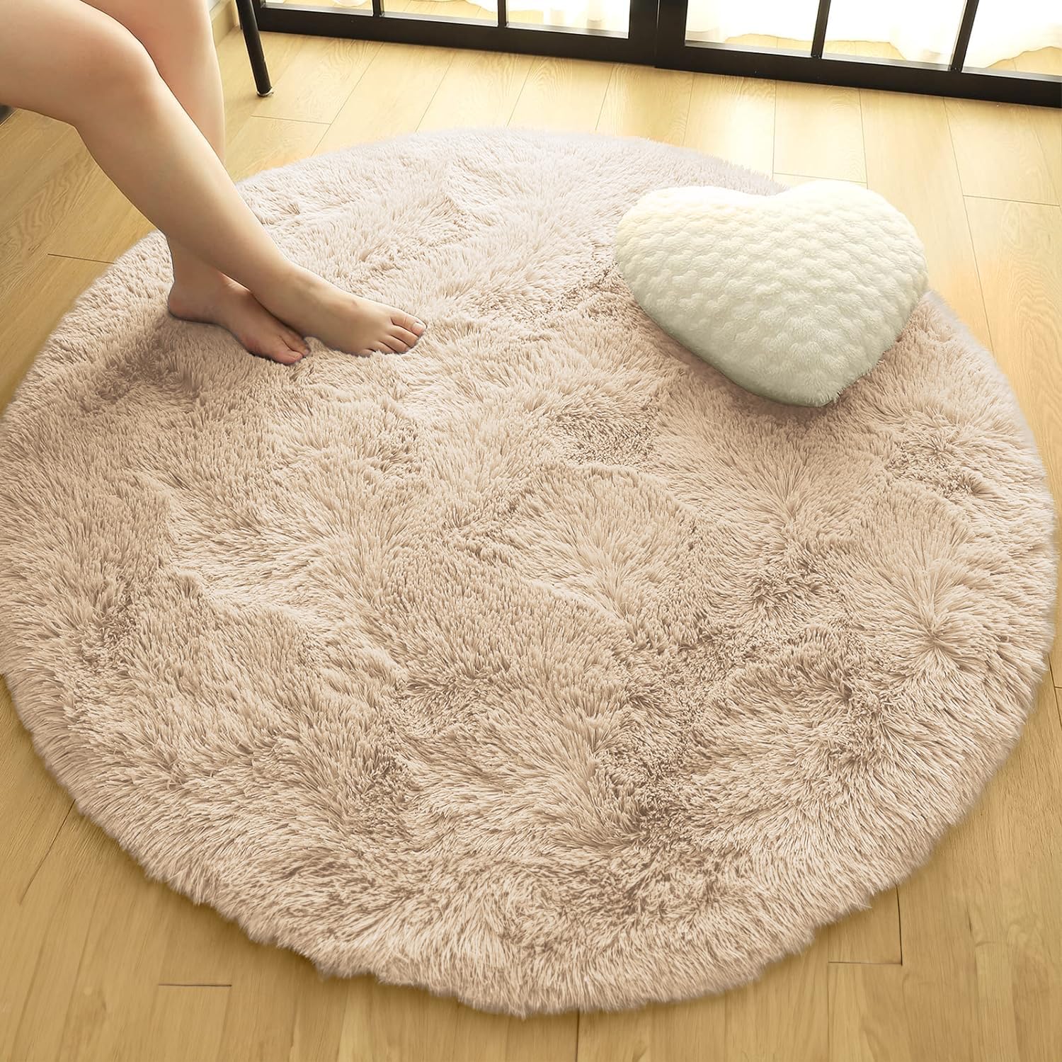 Oxford Homeware Round Rugs Living Room 120x120 cm, Fluffy Shaggy Beige Area Rugs for Bedroom Lounge