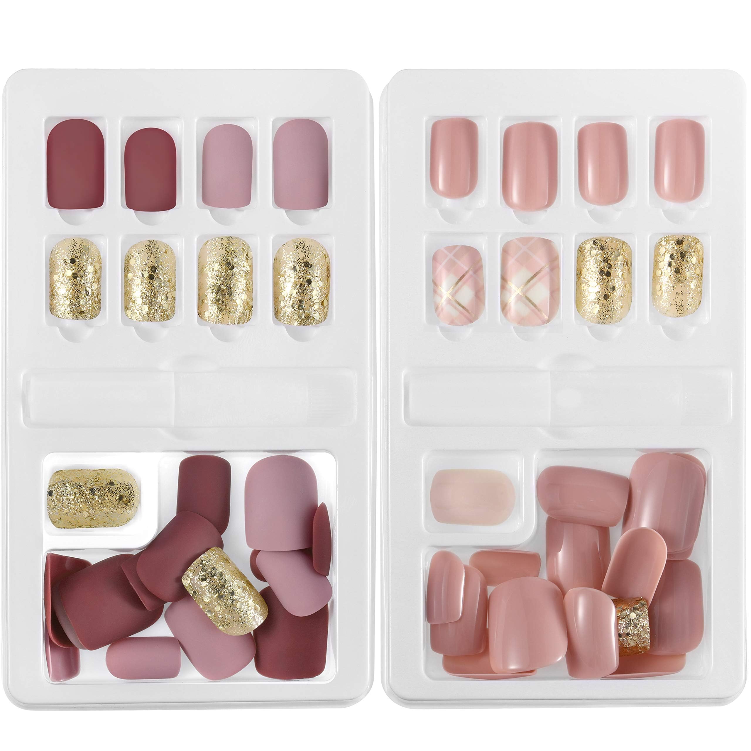 SYOSI 60 Pieces French Press on Fake Nails, False Nails Artificial Fake Short Colourful Nail Tips Kit Nude Glossy Full Cover with Files Stick for Nail Art Salon DIY Decoratio for Women Girls