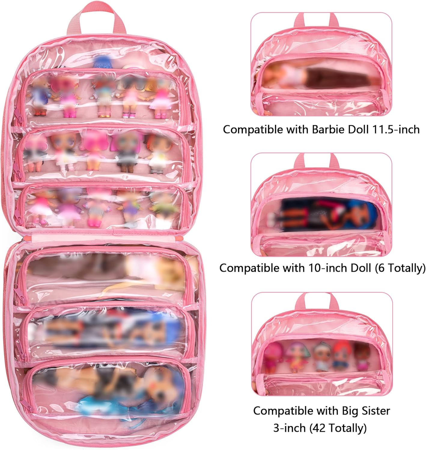 LoDrid Carrying Backpack Compatible with LOL Surprise Dolls All, Storage Case with 6 Clear Pockets for Dolls Organizer & Display, Pink, Bag Only (Patent Design)