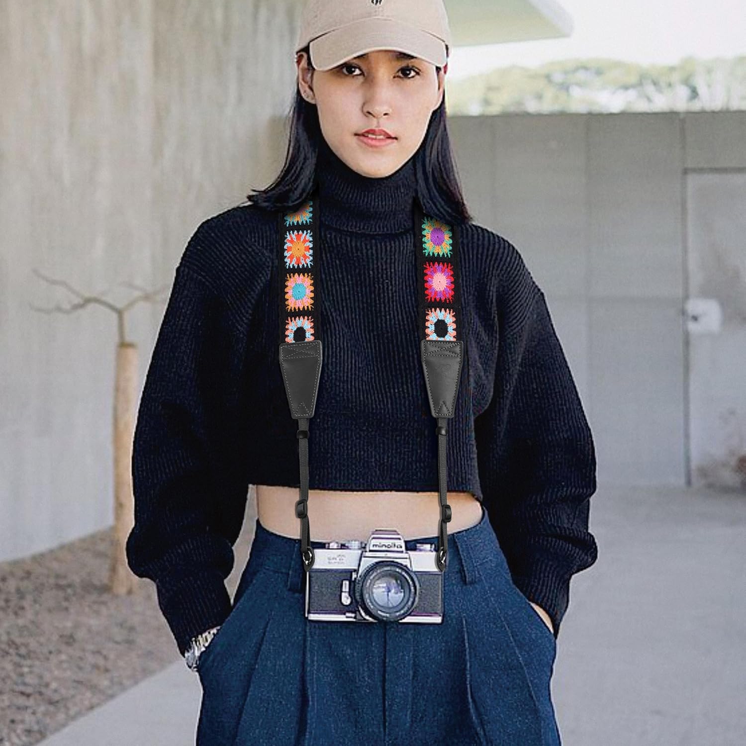 Padwa Lifestyle Colorful Crochet Camera Strap - 2" Full Grain Leather Ends Camera Straps for Photographers, Vintage Embroidered Cotton Soft Suede Fabric Padded Strap Quick Release fits All Cameras