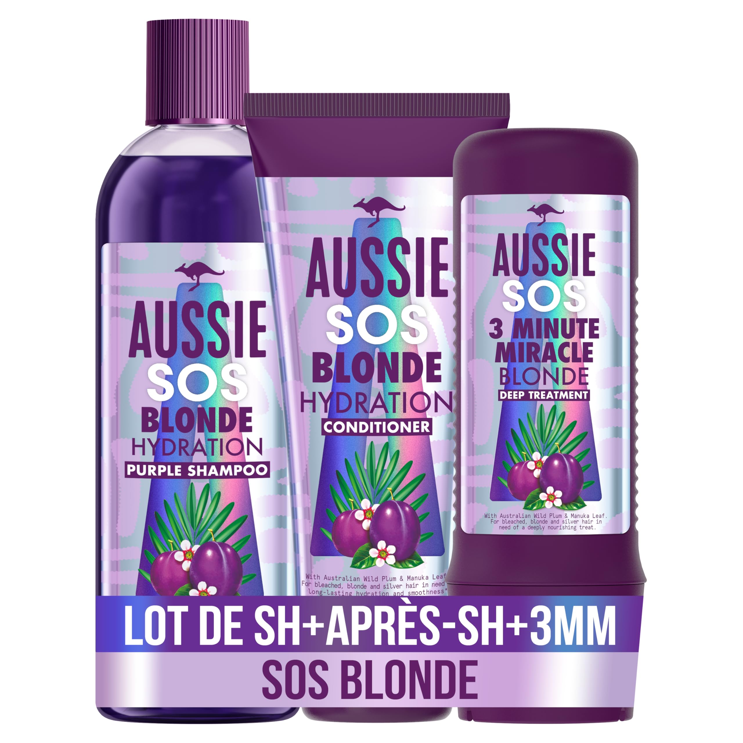 Aussie Coffret Cadeau SOS Blonde - Shampoing, Après-Shampoing Et Soin Intensif 3 Minute Miracle - Hydratation, Brillance Et Nutrition Pour Cheveux Blonds Dorés