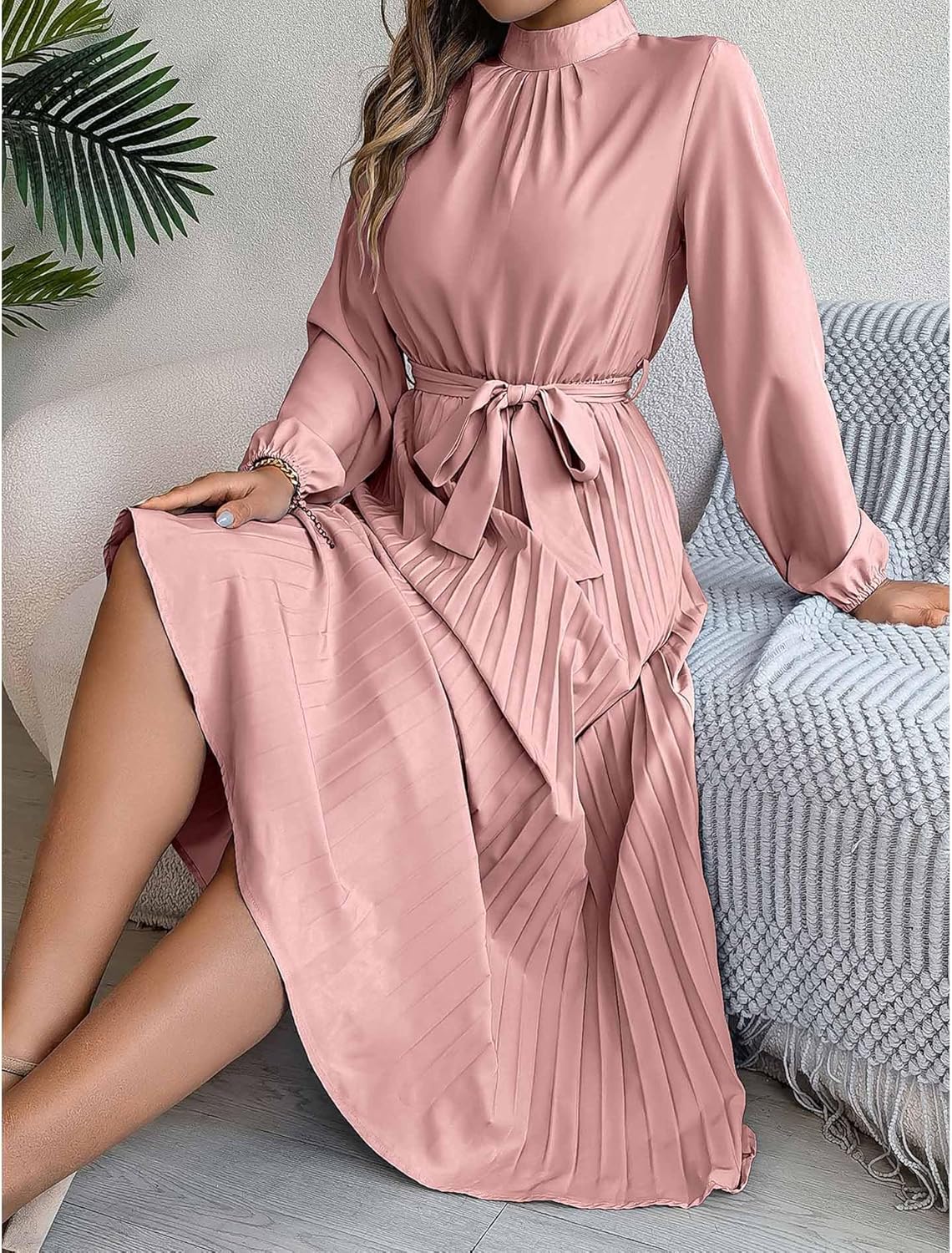 Sexyshine Women's Mock Neck Long Sleeve Pleated Chiffon Long Dress High Waist Belted Flowy A Line Cocktail Party Dress - Image 5