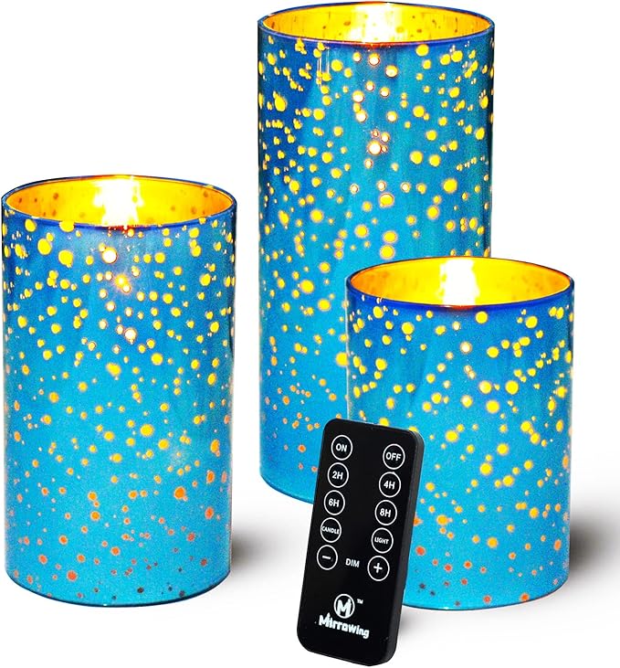 M Mirrowing Blue Glass Flameless Candles with Remote