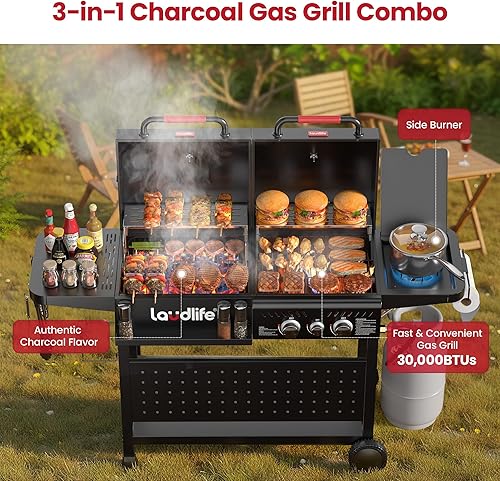 Miniatura 2 de FUSION - Combo de parrilla de gas y carbón con quemador lateral, parrilla de barbacoa de propano de 3 quemadores, espacio de cocción de 748 pies