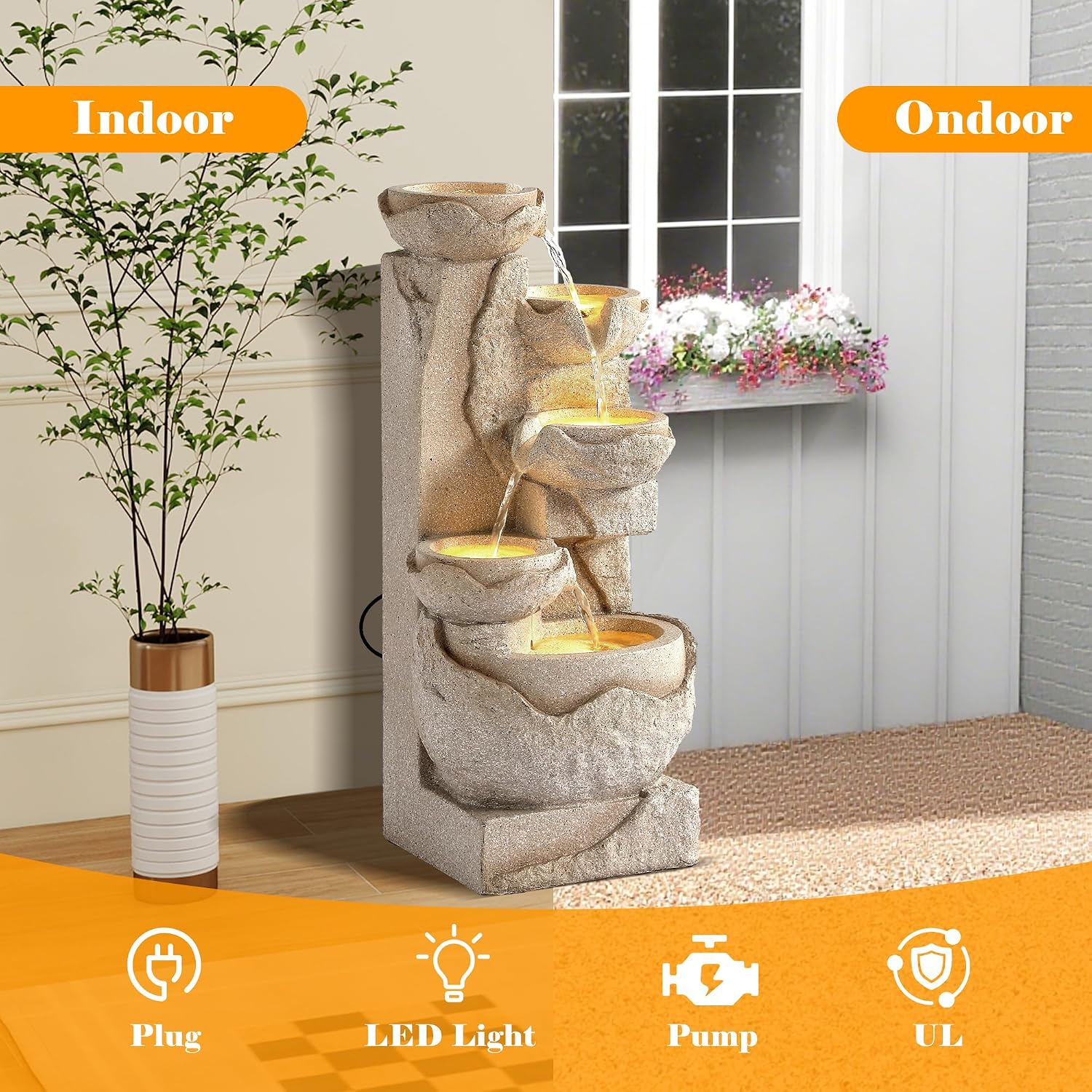 Outdoor 5 Tiers Cascading Water Fountain, 24" H Large Resin Garden Fountain with 5 LED Lights and Pump, Modern Patio Bowl Waterfalls Fountains for Indoor Decor and Porch, Yard, Deck, Beige