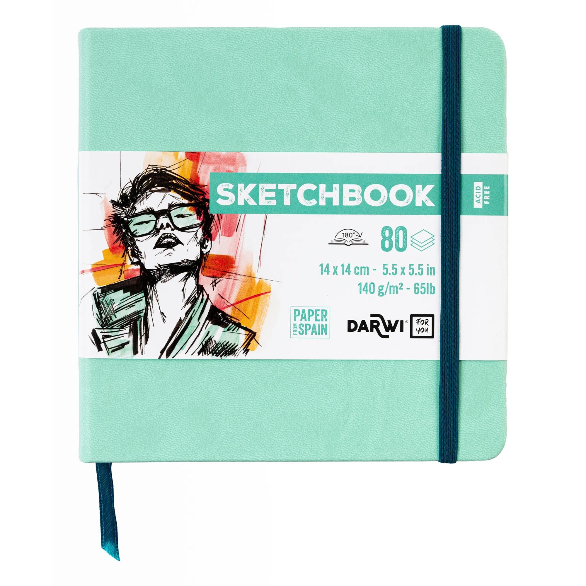 Darwi for You DF80014140003C - Carnet Cousu Sketchbook 14x14 cm 140g - 80 Feuilles Papier Dessin Blanc - Couverture Rigide Vert D'eau