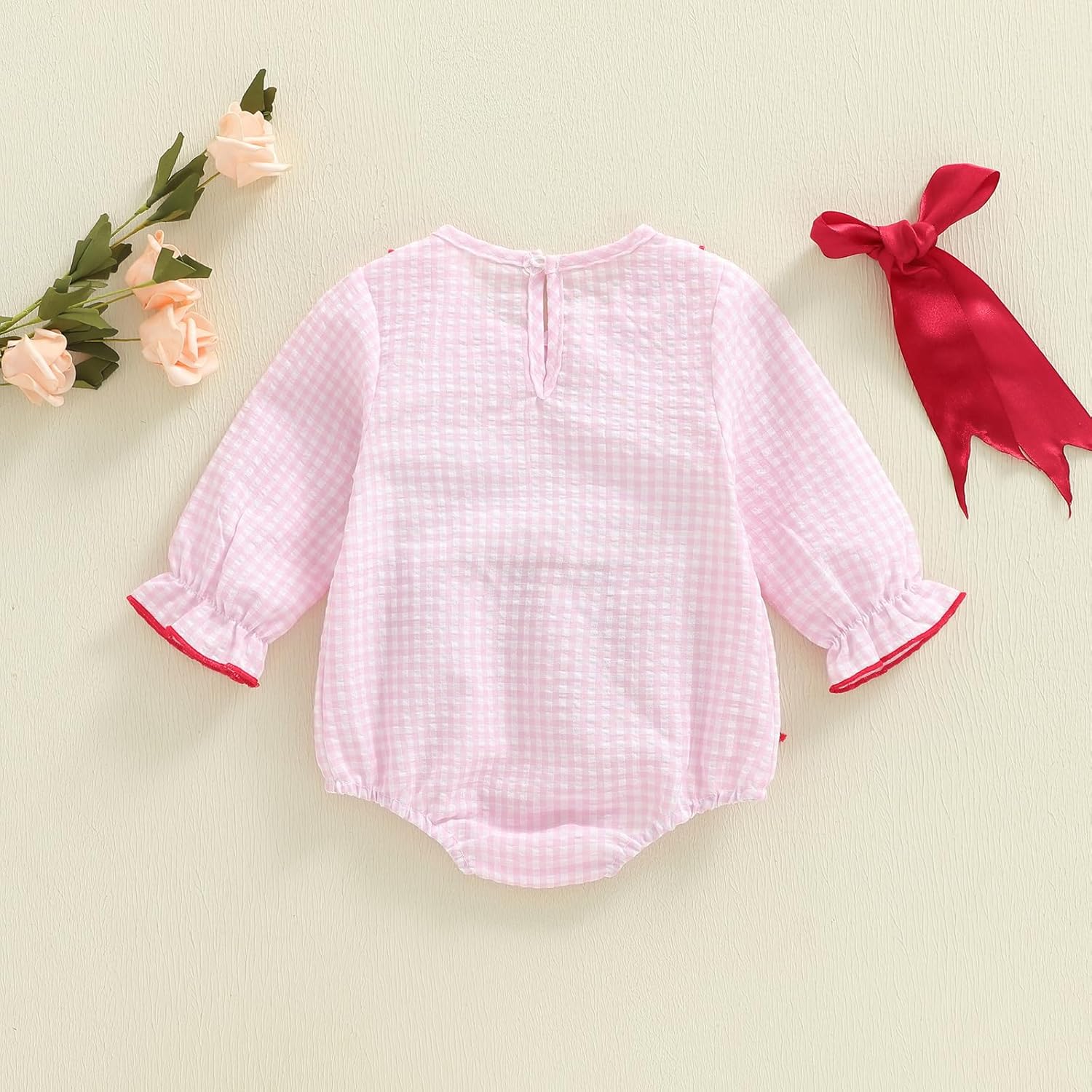 Seyurigaoka Valentine Baby Girl Outfit Heart Embroidery Long Sleeve Pink Romper Newborn Valentines day Bodysuit 0-18M - Image 5