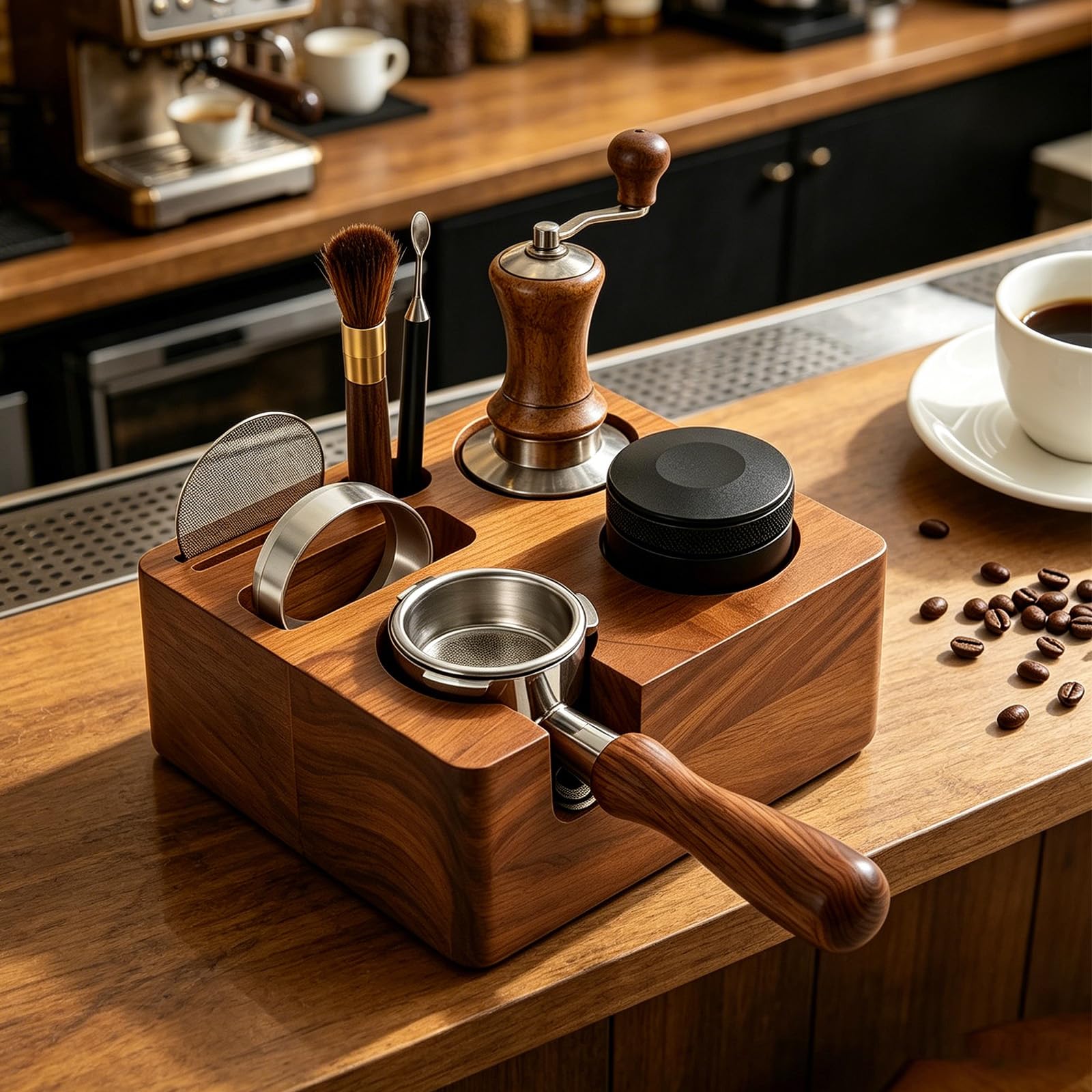 Espresso Tamping Station - Estación de café de madera de nogal para cafeteras de espresso (51/54 mm)
