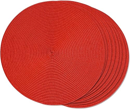 Miniatura 59 de FunWheat Juego de 6 manteles individuales redondos trenzados para mesas de comedor, tejidos, lavables, antideslizantes, para decoración (rojo Rojo