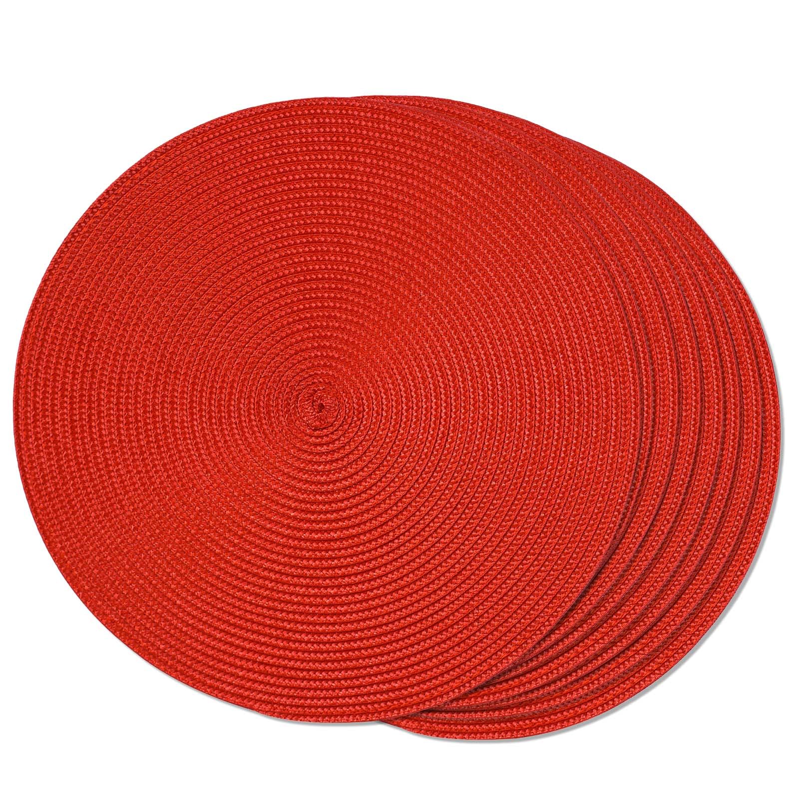 FunWheat Set of 8 Round Braided Placemats for Dining Table, Washable, Non-slip, 15", Red