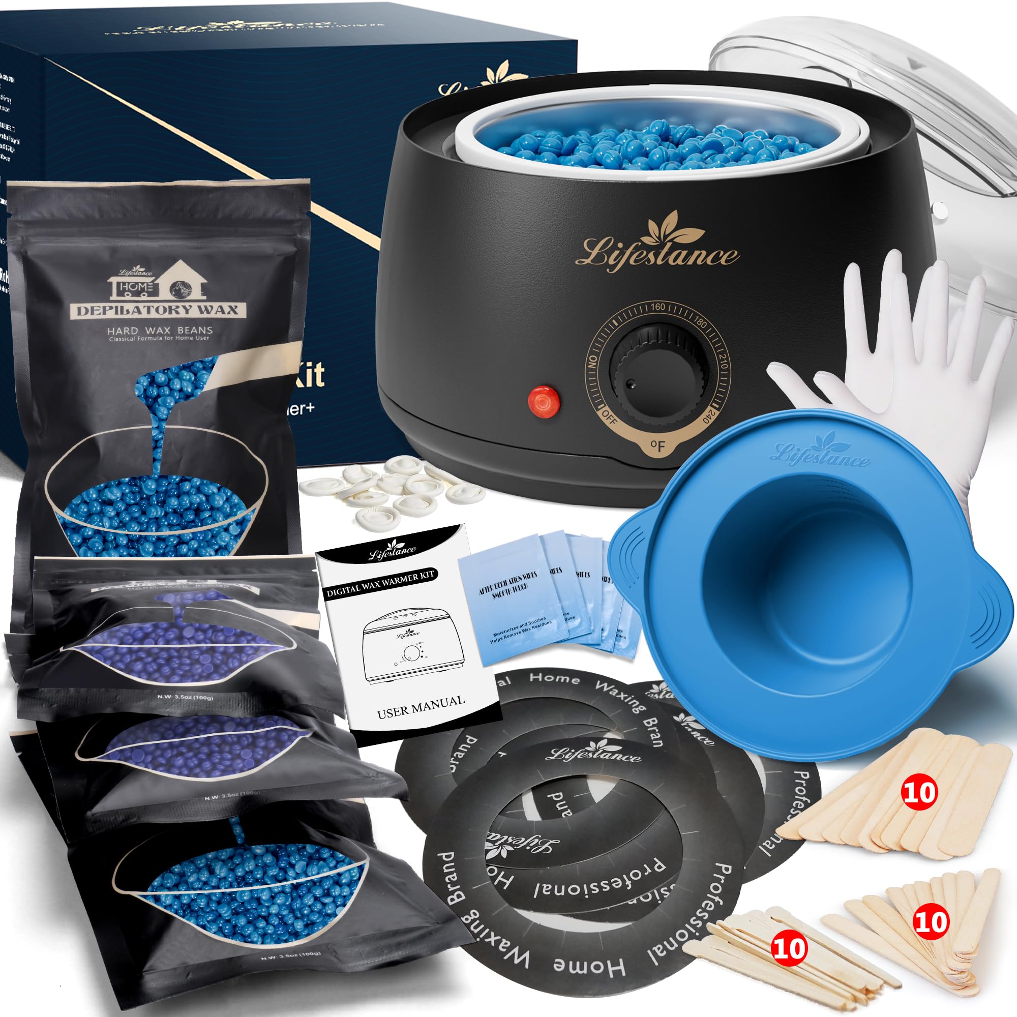 Lifestance Complete Home Waxing Kit, L1 Hard Wax Warmer for Hair Removal, Brazilian Bikini Wax Kit for Women Men, 59 Items, No-Mess Silicone Liner,