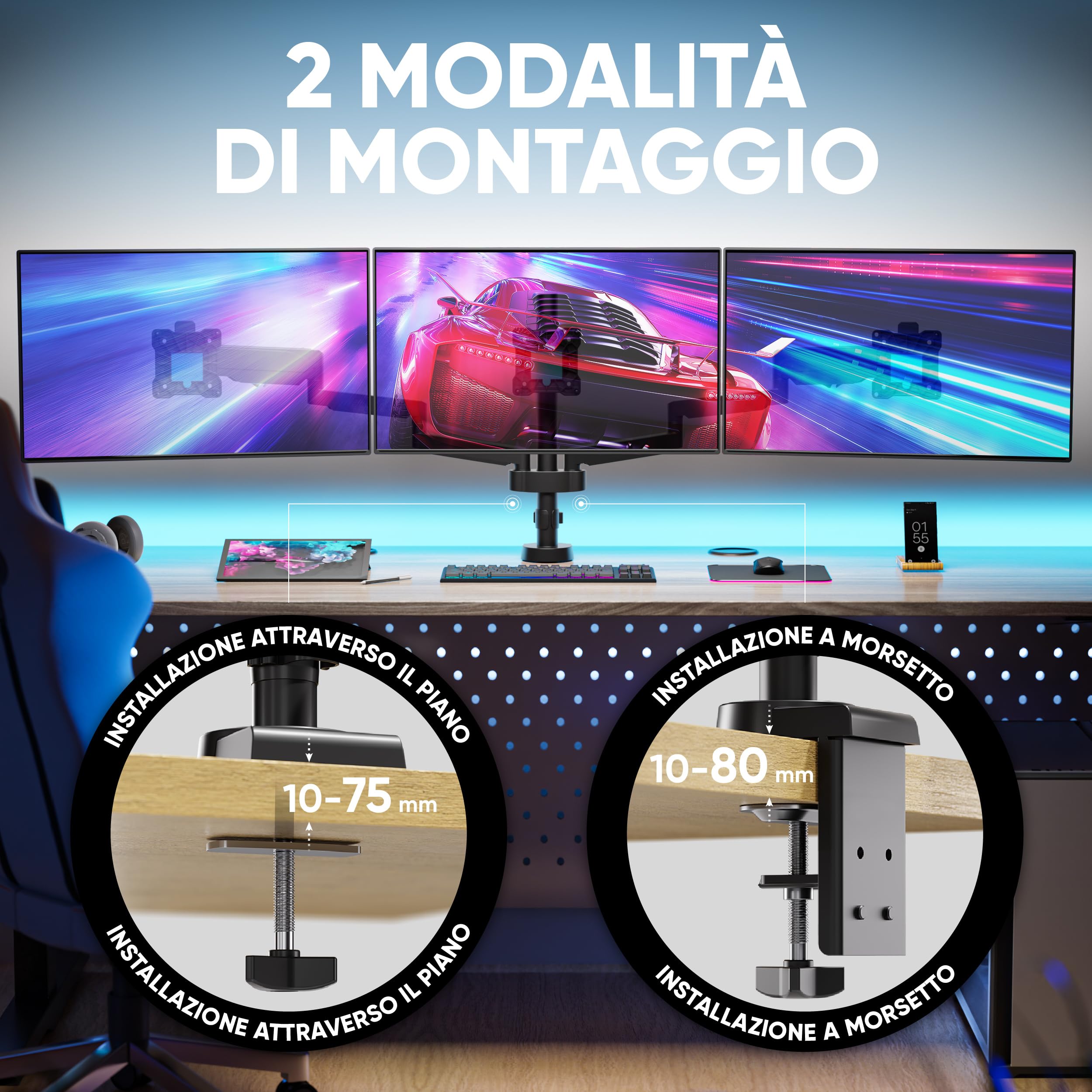 ONKRON Supporto Monitor Scrivania per 3 Schermi 13-32 pollici, Carico totale 24 kg, Braccio Monitor VESA 75x75-100x100 mm, Supporto Schermo PC Scrivania Girevole, Inclinabile, Nero G280-B