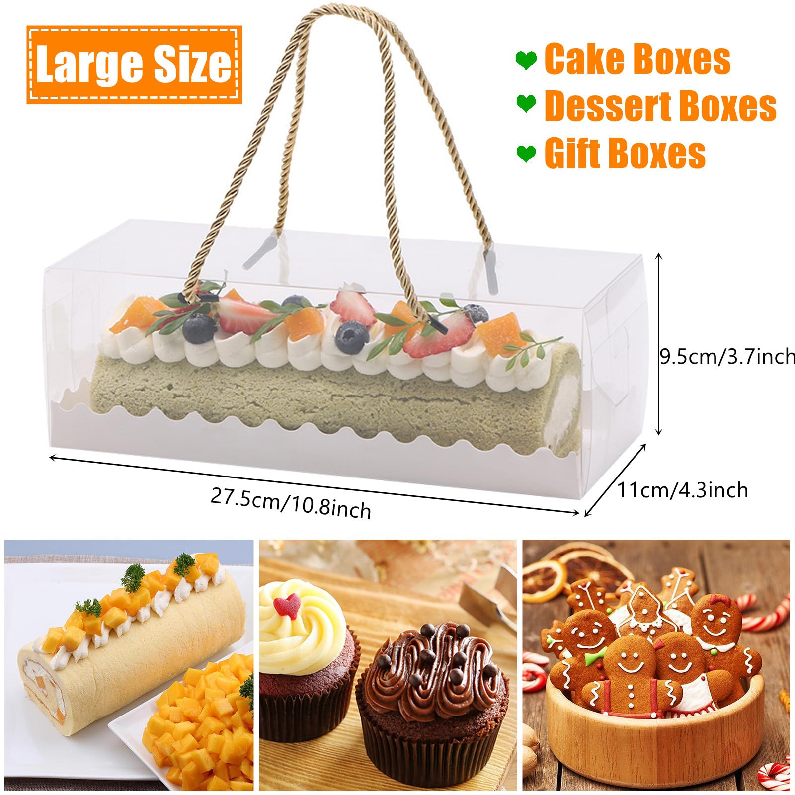 YankMooM 10 Pcs Clear Swiss Roll Cake Box,27.5 x 11 x 9.5cm Large Transparent Cake Box Rectangle Dessert Boxes with Handle for Cake Bakery Party Christmas and Wedding Party Favors - Image 3
