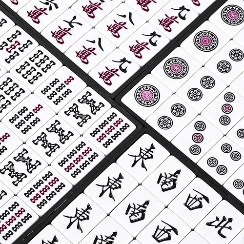 Miniatura 2 de QYMZKA Juego de Riichi Mahjong japonés, azulejos blancos y amarillos de gran tamaño, con azulejos de viento oriental, juego de palos de puntuación y