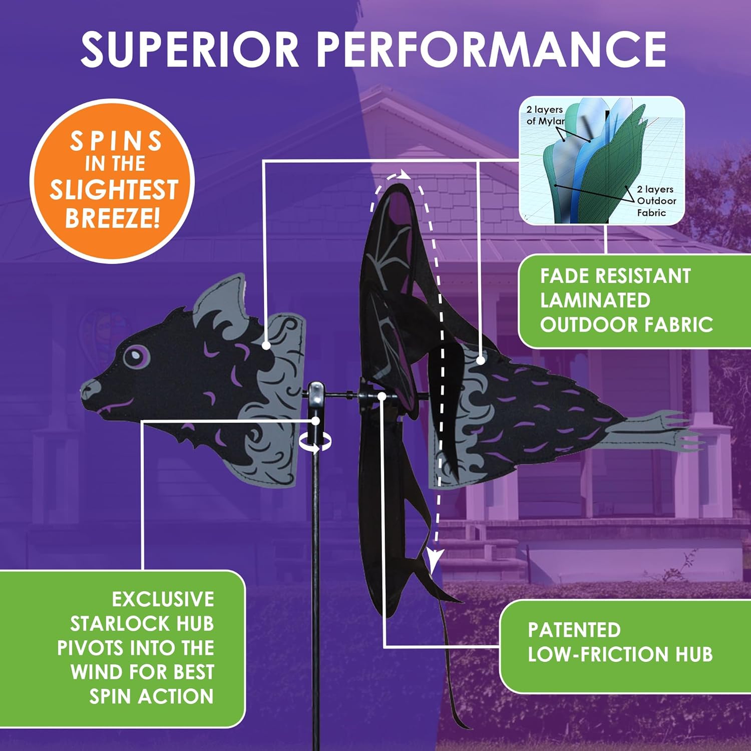 Premier Kites Petite Spinner Bat – Whimsical Wind Spinner for Yard & Garden, Durable Weather-Resistant Fabric, Easy to Assemble, Outdoor Decor for Patios, Lawns, Yards, & More