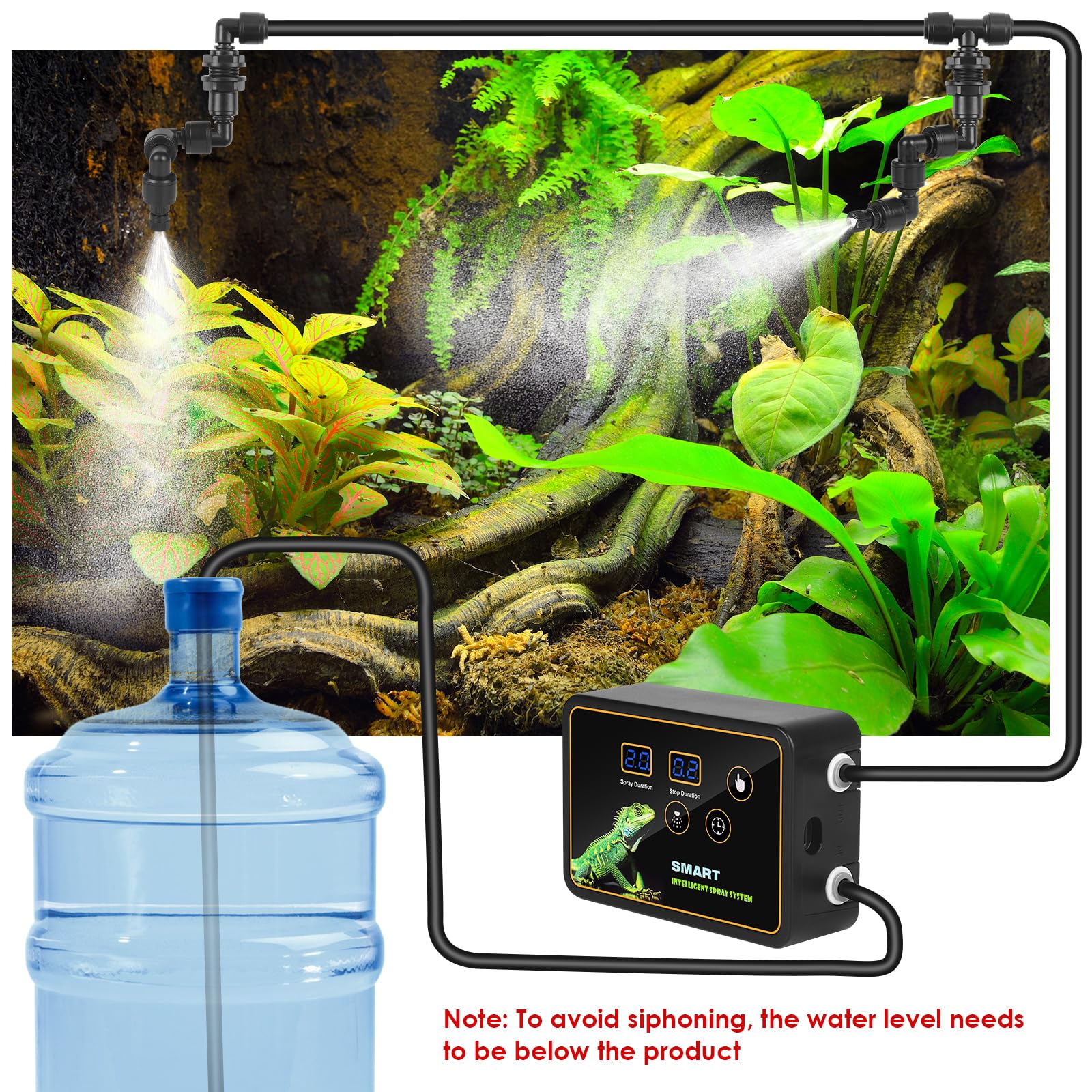 Reptilien Benebelungssystem Terrarium,GuKKK Intelligentes Reptilien Luftbefeuchter mit Schlauch mit Timer und Sprühdüsen 360 ° Verstellbare, Vernebler Terrarium für Amphibien Pflanzen