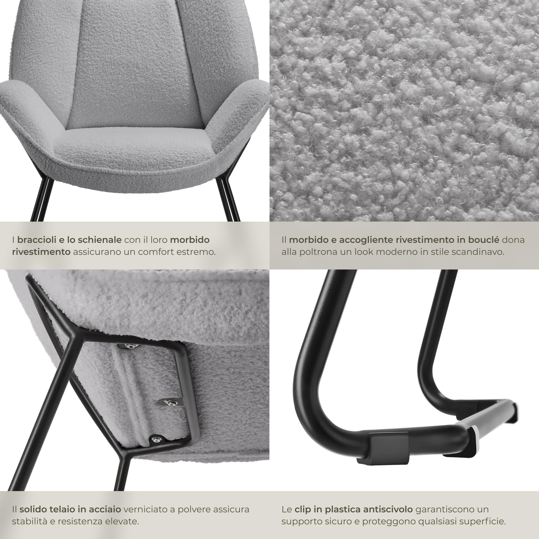 tectake® Poltroncina in Stile Scandinavo, Poltrona Camera da Letto Tessuto Bouclé, Sedia Ergonomica con Telaio in Acciaio, Sedia Cucina Antiscivolo, Carico Max. 120Kg - Grigio Chiaro