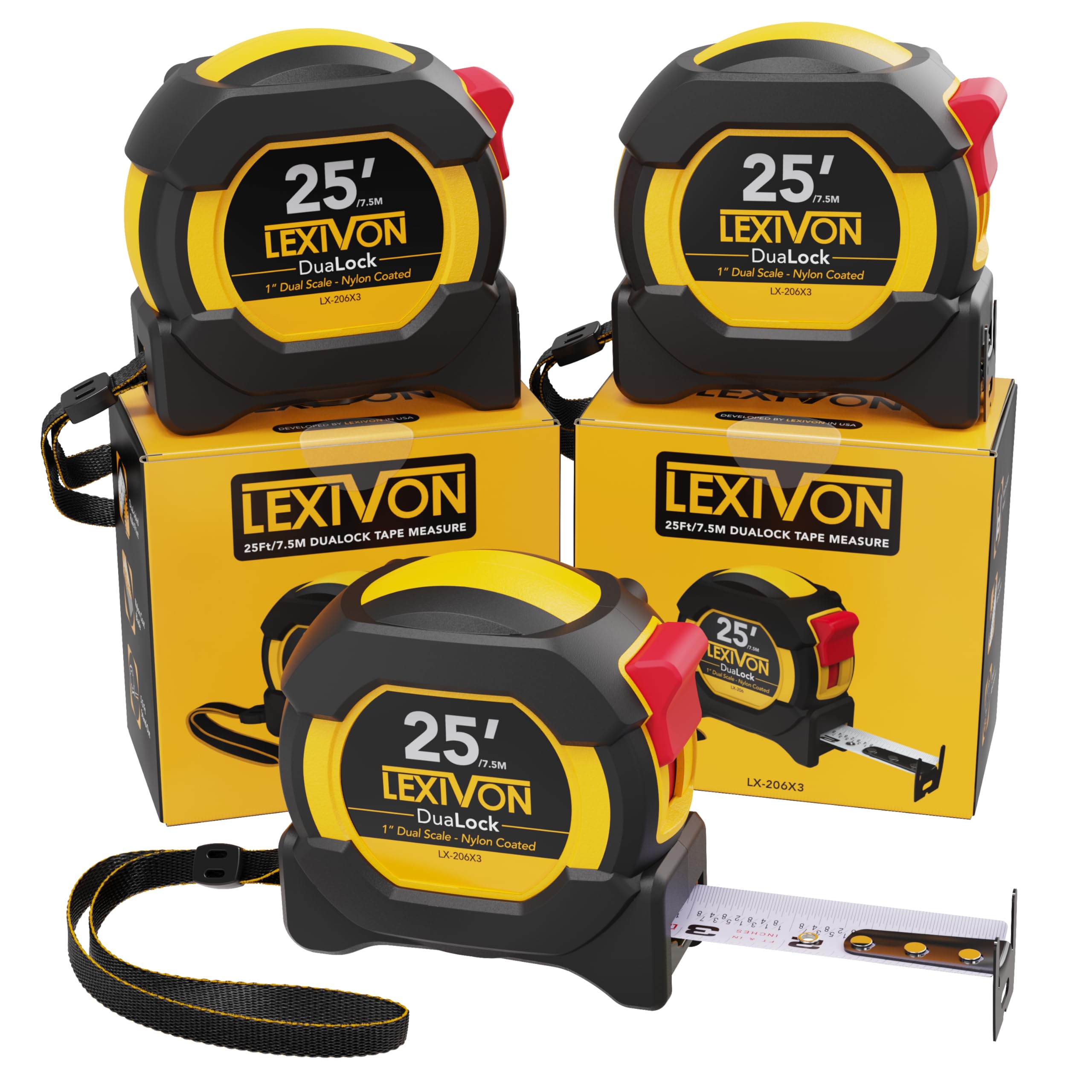 LEXIVON [3-Pack] 25Ft/7.5m DuaLock Tape Measure | 1-Inch Wide Blade with Nylon Coating, Matte Finish White & Yellow Dual Sided Rule Print | Ft/Inch/