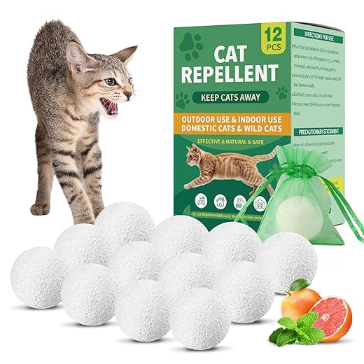 Cat Repellent Outdoor & Indoor, Cat Deterrent Outdoor Indoor, Natural Essential Oil Ball, Anti Cats Scratch for Furniture, Keep Cats Out of Yard, Keep Cats Away from Garden, Lawn Plants, 12 Packs