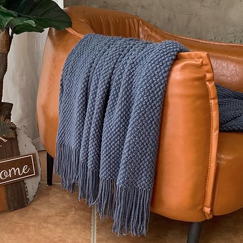 Miniatura 3 de LOMAO Manta de punto con borlas con textura de burbujas, manta ligera y suave para funda de sofá, decoración del hogar (azul marino, 50 x 60