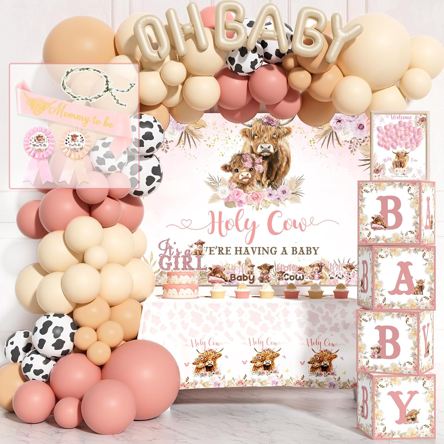 Highland Cow Baby Shower Decorations Girls, 129 PCs – Holy Cow Baby Shower Party Supplies with Floral Backdrop, Balloon Garland, It’s a Girl Cake Topper, Mommy To Be Sash, Headband