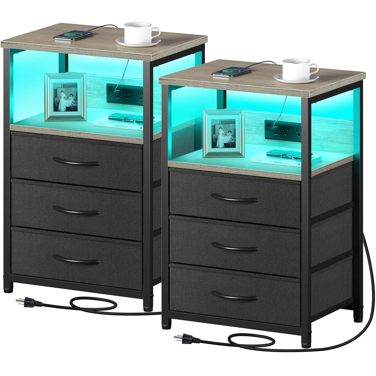 Seventable Nightstand with Charging Station and LED Light, Side Table with 3 Fabric Drawers, Bedside End Table with USB Ports and Outlets, Night Stand for Bedroom, Greige