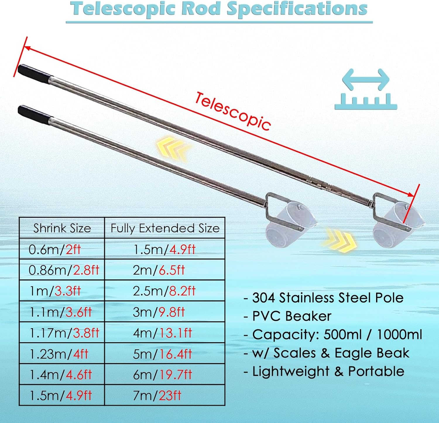 Telescopic Water Sampler Dipper, Stainless Steel Adjustable Sampling Ladle for Environmental Monitoring in Rivers and Lakes